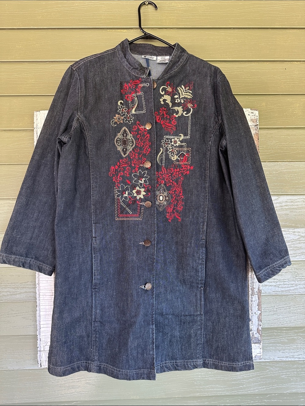 Vintage Units Dark Denim Long Jean Jacket with Red Floral Embroidery